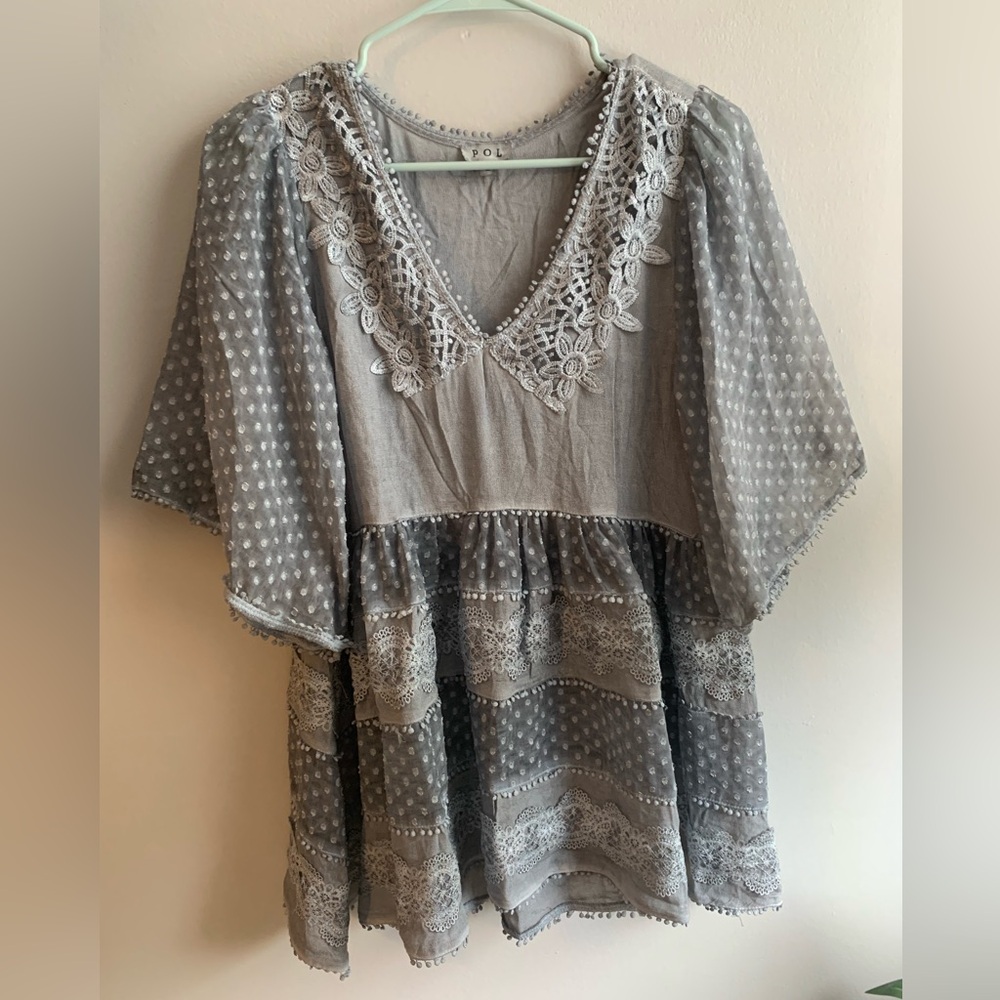 13. NWOT POL Gray Lace Accent Blouse